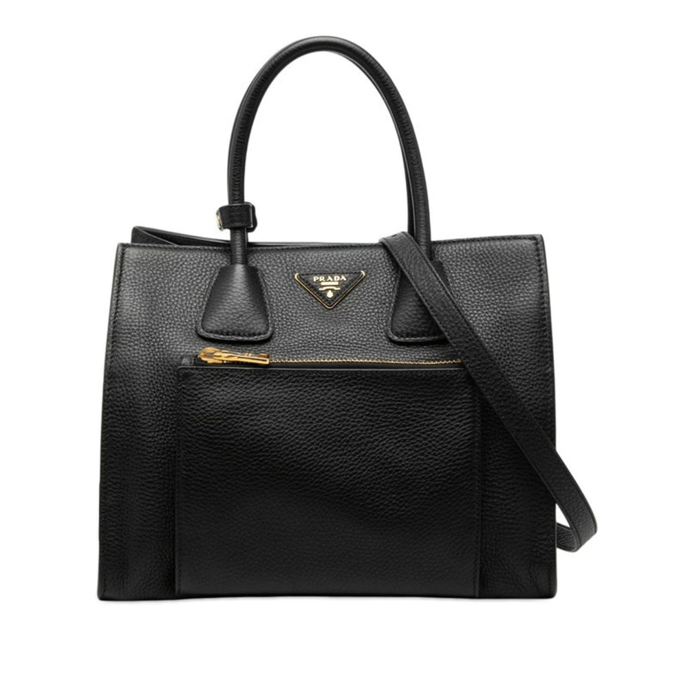 Prada Triangle Plate 2way Shoulder Bag Nero Black Vitello Daino Leather
